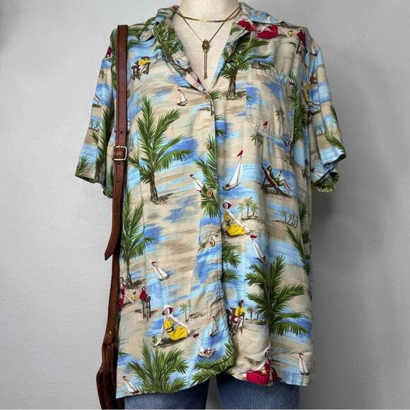 Vintage 90s Beach Scene Button Up Hawaiian Shirt Rayon Coastal Print Large - Picture 3 of 8